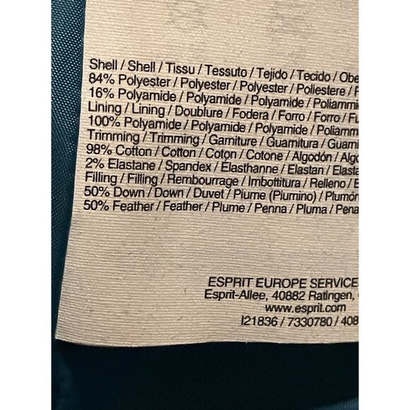 Esprit Down Puffer Coat Parka Small Quilted Hidden Teal Blue Zippers VTG - Picture 7 of 7